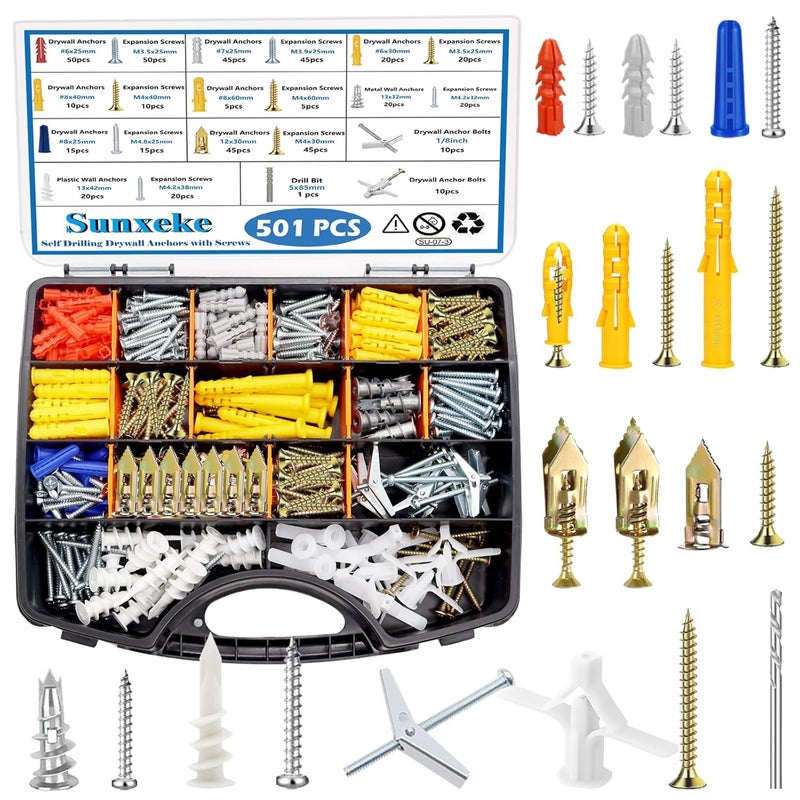 Sunxeke 501PCS Drywall Anchors and Toggle Bolts with Screws Kit, 250PCS Dry Wall Anchors and 250PCS Expansion Screws (2025 Upgraded),11 Sizes Sheetrock Anchors Screws Kit for Wall Art Decor - Image 1